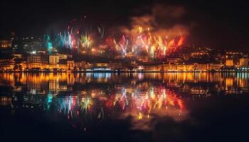 Illuminated cityscape reflects on water, vibrant colors ignite celebration fireworks generated by AI photo