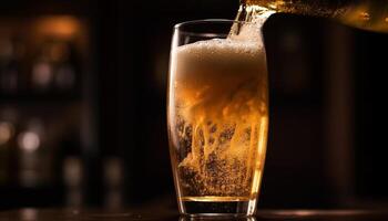 A frothy drink pouring into a beer glass at a pub generated by AI photo