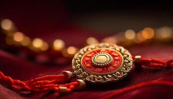Indian culture celebrates traditional ceremony with ornate wristband and necklace generated by AI photo