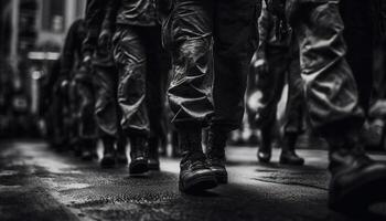 Ejército soldados en negro y blanco uniforme de marcha con rifles generado por ai foto
