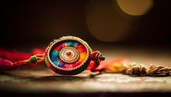 Traditional Hindu ceremony decoration with ornate clay god and flame generated by AI photo