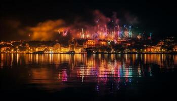 Vibrant city skyline illuminated by multi colored fireworks at dusk generated by AI photo