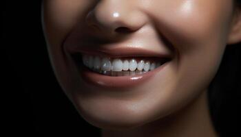 Smiling young adult woman with a toothy, sensuous, and cheerful smile generated by AI photo