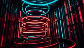 Electric neon circle illuminates futuristic nightclub backdrop with vibrant colors generated by AI photo