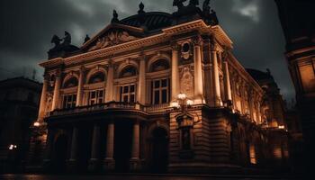 Majestic old architecture illuminated by lanterns in city twilight generated by AI photo