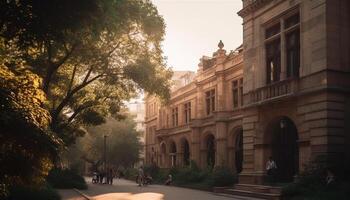 Walking men and women explore the old city famous architecture generated by AI photo