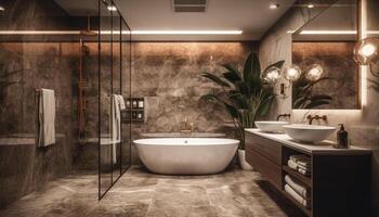 Modern elegance in domestic bathroom with marble sink and shower generated by AI photo