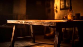 Rustic wine bar illuminates old workshop with backlit bottle flame generated by AI photo