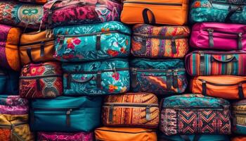 Multi colored luggage stack, a fashion collection for travel destinations generated by AI photo