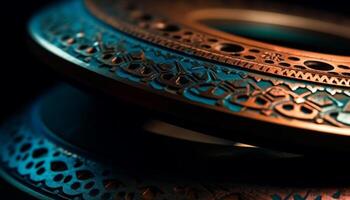 Ornate antique metal wheel with intricate East Asian pattern decoration generated by AI photo