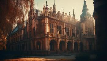 iluminado paisaje urbano con antiguo Monumento, gótico arco, y medieval fachada generado por ai foto