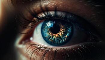 Blue eyed women staring, watching with beauty in dark lens generated by AI photo