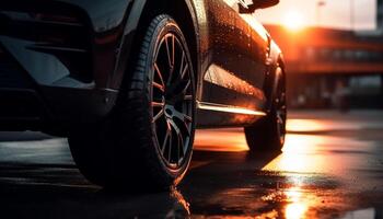 Modern sports car driving on wet asphalt at dusk, illuminated headlights generated by AI photo