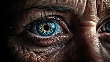 azul ojos hombre curioso a cámara, cerca arriba de humano ojo generado por ai foto