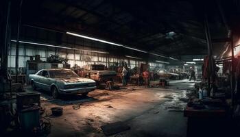 Abandoned car factory old steel machinery, ruined workshop, unhygienic occupation generated by AI photo
