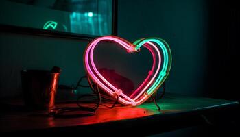 brillante símbolo de amor en oscuro Club nocturno decoración, iluminado por eléctrico lamparas generado por ai foto