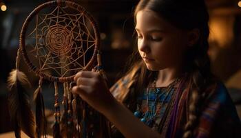 Cute Caucasian girl smiling, catching bead, playing with decoration and feather generated by AI photo