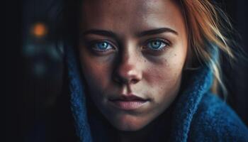 Young adult woman looking at camera, close up of beauty generated by AI photo