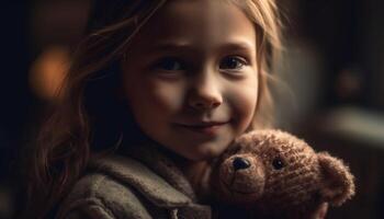 alegre niña participación osito de peluche oso, abrazando pequeño animal con amor generado por ai foto