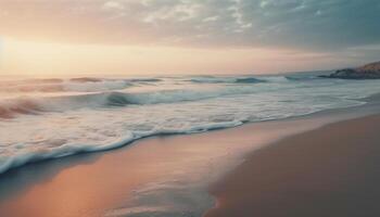 Idyllic coastline at dusk, tranquil seascape reflects golden twilight sky generated by AI photo