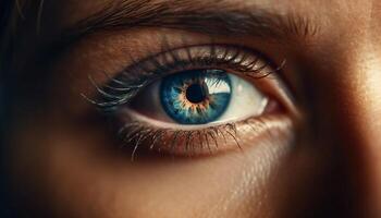 Blue eyed young woman staring with sensuality, selective focus on iris generated by AI photo