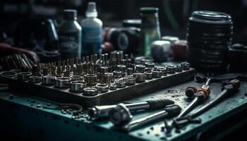 Large group of old, rusty machine parts in a dirty garage generated by AI photo