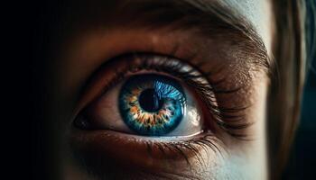 Close up of one person blue eye with selective focus generated by AI photo