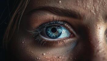 Fresh blue eyes staring, watching raindrop on young woman eyelash generated by AI photo