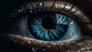 resumen hombres curioso con azul ojos, creativo diseño en negro antecedentes generado por ai foto