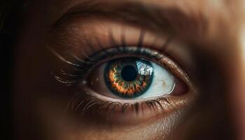 Close up of woman futuristic blue iris, selective focus on eyelash generated by AI photo