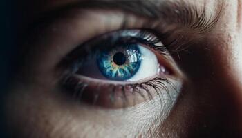 Blue eyed woman staring at camera with selective focus on iris generated by AI photo