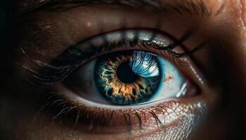Blue eyed women staring at camera, macro view of cornea generated by AI photo