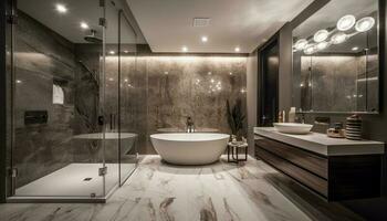 Comfortable domestic bathroom with elegant marble flooring and modern design generated by AI photo