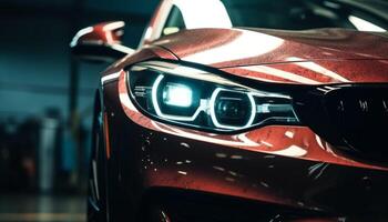 Shiny sports car with modern technology and bright headlight driving fast generated by AI photo