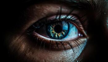 azul ojos mujer curioso, macro lente capturas belleza en cerca arriba generado por ai foto