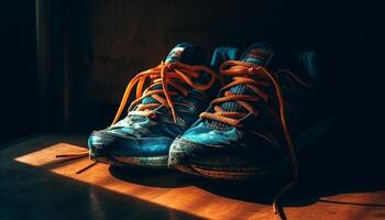 Untied shoelace on old fashioned sports shoe, lying on wooden table generated by AI photo