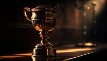 Shiny gold trophy on table, illuminated for achievement celebration generated by AI photo