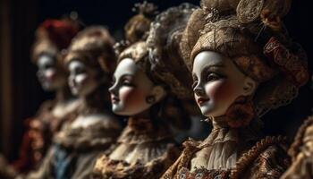 Antique dolls in traditional clothing decorate the majestic store front generated by AI photo