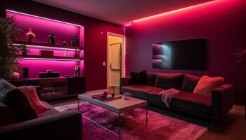 Luxury modern home interior with bright lighting equipment and comfortable sofa generated by AI photo