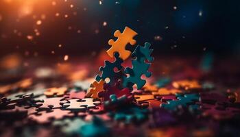 Yellow jigsaw piece glowing with vibrant colors symbolizes togetherness and cooperation generated by AI photo