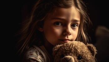 Cute girl holding teddy bear, smiling with innocence and joy generated by AI photo