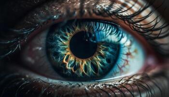 azul ojos joven adulto curioso a cámara con brillante pestañas generado por ai foto