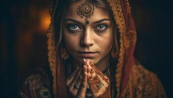 Beautiful young women praying in traditional Indian sari fashion generated by AI photo