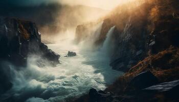 Majestic mountain peak, waterfall spray, flowing water, beauty in nature generated by AI photo