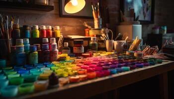 Vibrant colors, paintbrushes, and palettes adorn the artist workshop generated by AI photo