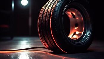 Shiny alloy wheel on dark car in auto repair shop generated by AI photo