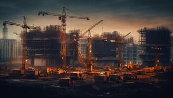 Silhouette of construction machinery working on skyscraper frame at dusk generated by AI photo