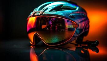 rápido motorista vistiendo Gafas de sol paseos mediante iluminado ciudad a noche generado por ai foto