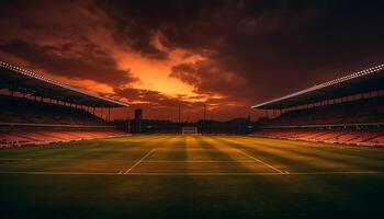 Bright spotlight illuminates empty soccer field at night, no people generated by AI photo