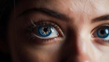 caucásico mujer curioso a cámara con azul ojos y pestañas generado por ai foto